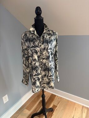 J. Crew Black and Cream Printed Button-Up Top